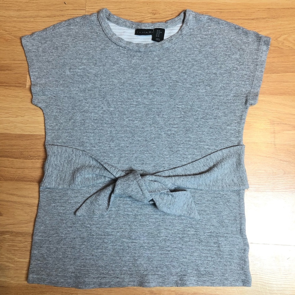 TAHARI sweater shirt grey knot tie shirt sleeve XS - Picture 9 of 14